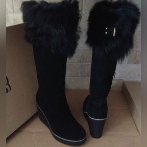 UGG VALBERG TOSCANA FUR CUFF BLACK SUEDE WEDGE TALL BOOTS SIZE US 9 WOMEN